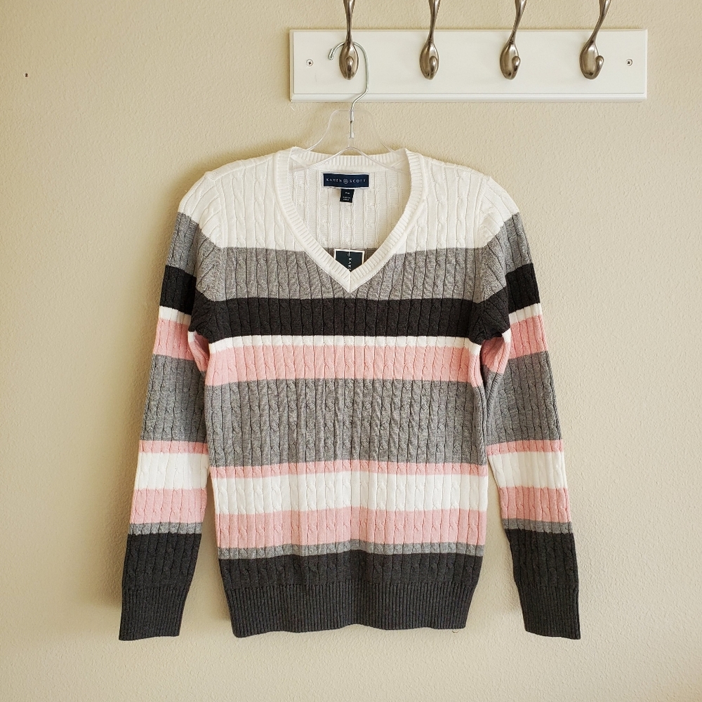 Karen Scott v neck sweater PS Petite Cable Knit Striped New